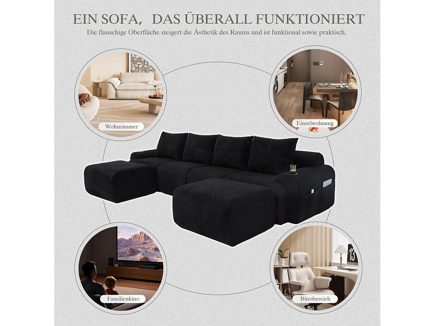 Canapé modulable 4 places - 333 x 174 x 80 cm - avec 2 poufs + porte-gobelets + poche de rangement - velours - noir