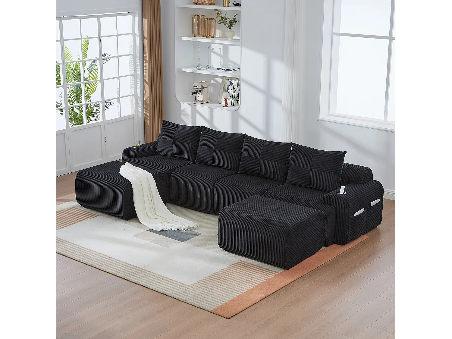 Canapé modulable 4 places - 333 x 174 x 80 cm - avec 2 poufs + porte-gobelets + poche de rangement - velours - noir