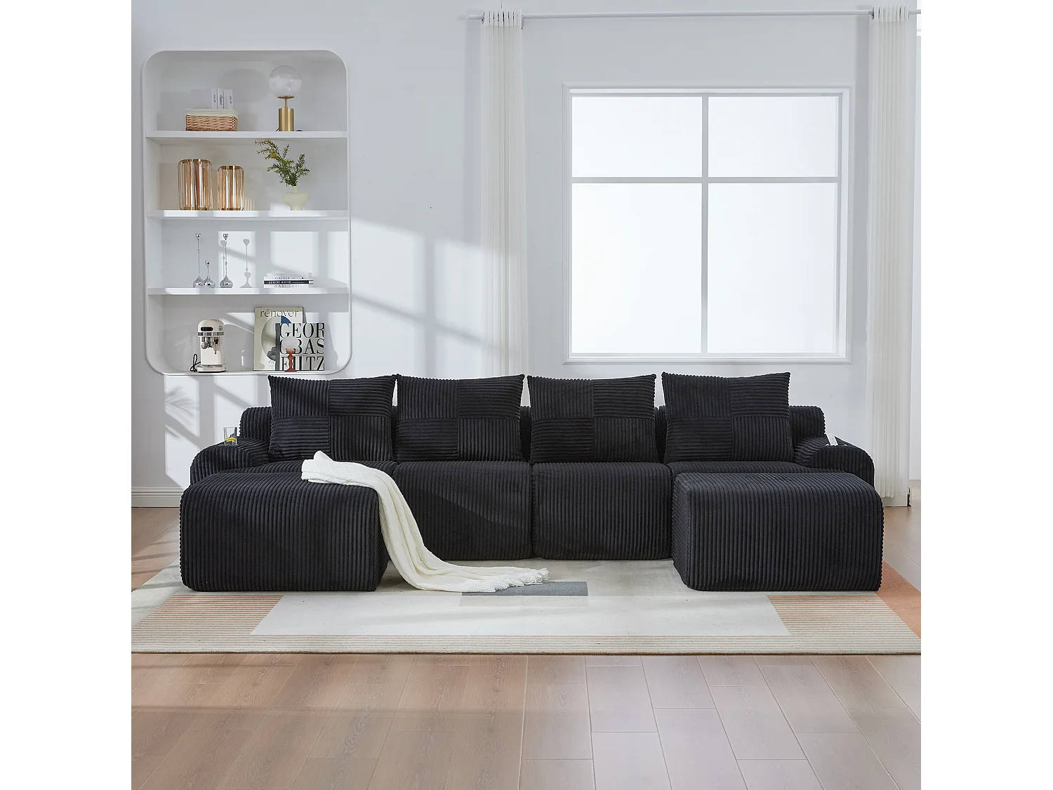 Canapé modulable 4 places - 333 x 174 x 80 cm - avec 2 poufs + porte-gobelets + poche de rangement - velours - noir