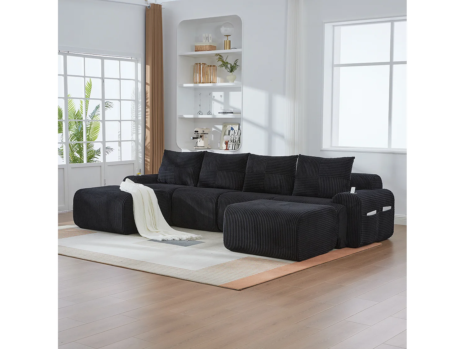 Canapé modulable 4 places - 333 x 174 x 80 cm - avec 2 poufs + porte-gobelets + poche de rangement - velours - noir
