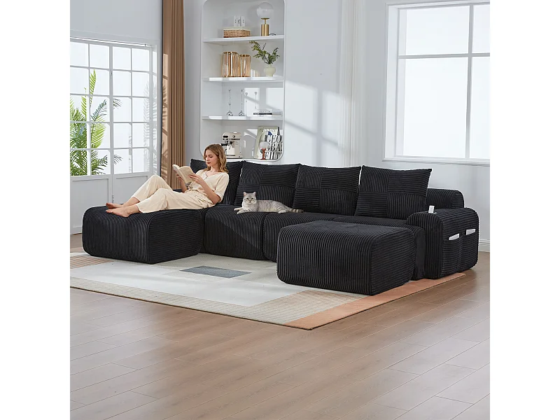 Canapé modulable 4 places - 333 x 174 x 80 cm - avec 2 poufs + porte-gobelets + poche de rangement - velours - noir