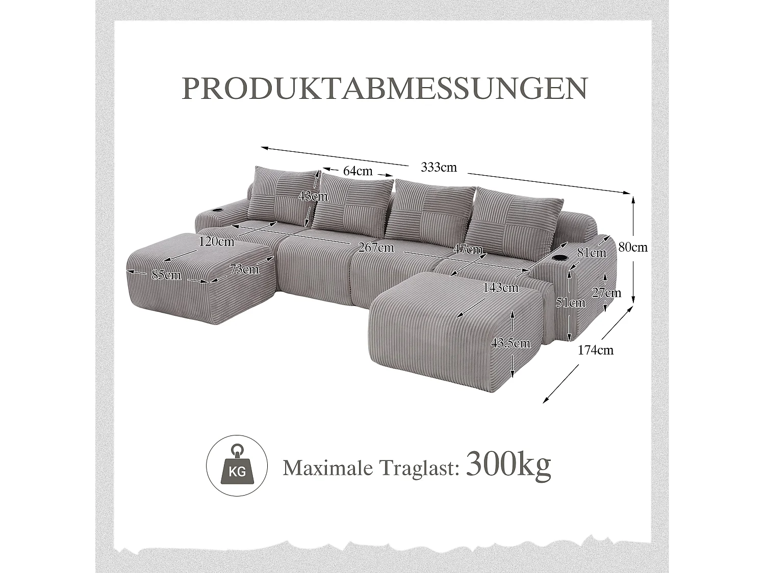 Canapé modulable 4 places - 333 x 174 x 80 cm - avec 2 poufs + porte-gobelets + poche de rangement - velours - gris clair