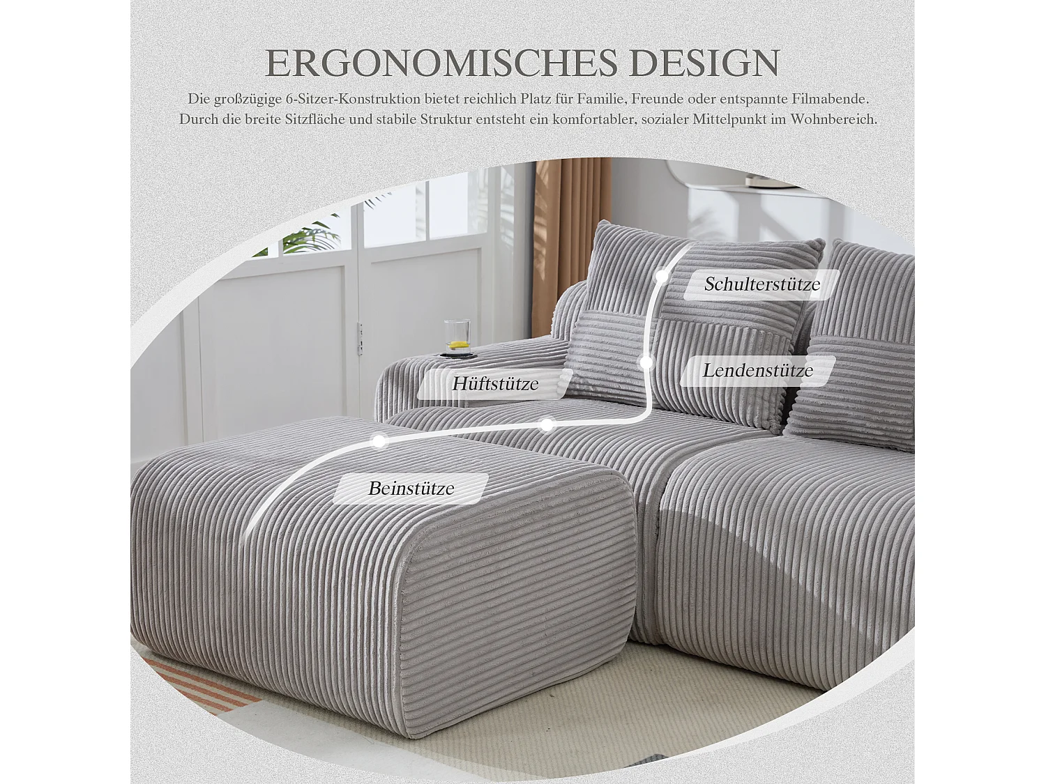 Canapé modulable 4 places - 333 x 174 x 80 cm - avec 2 poufs + porte-gobelets + poche de rangement - velours - gris clair