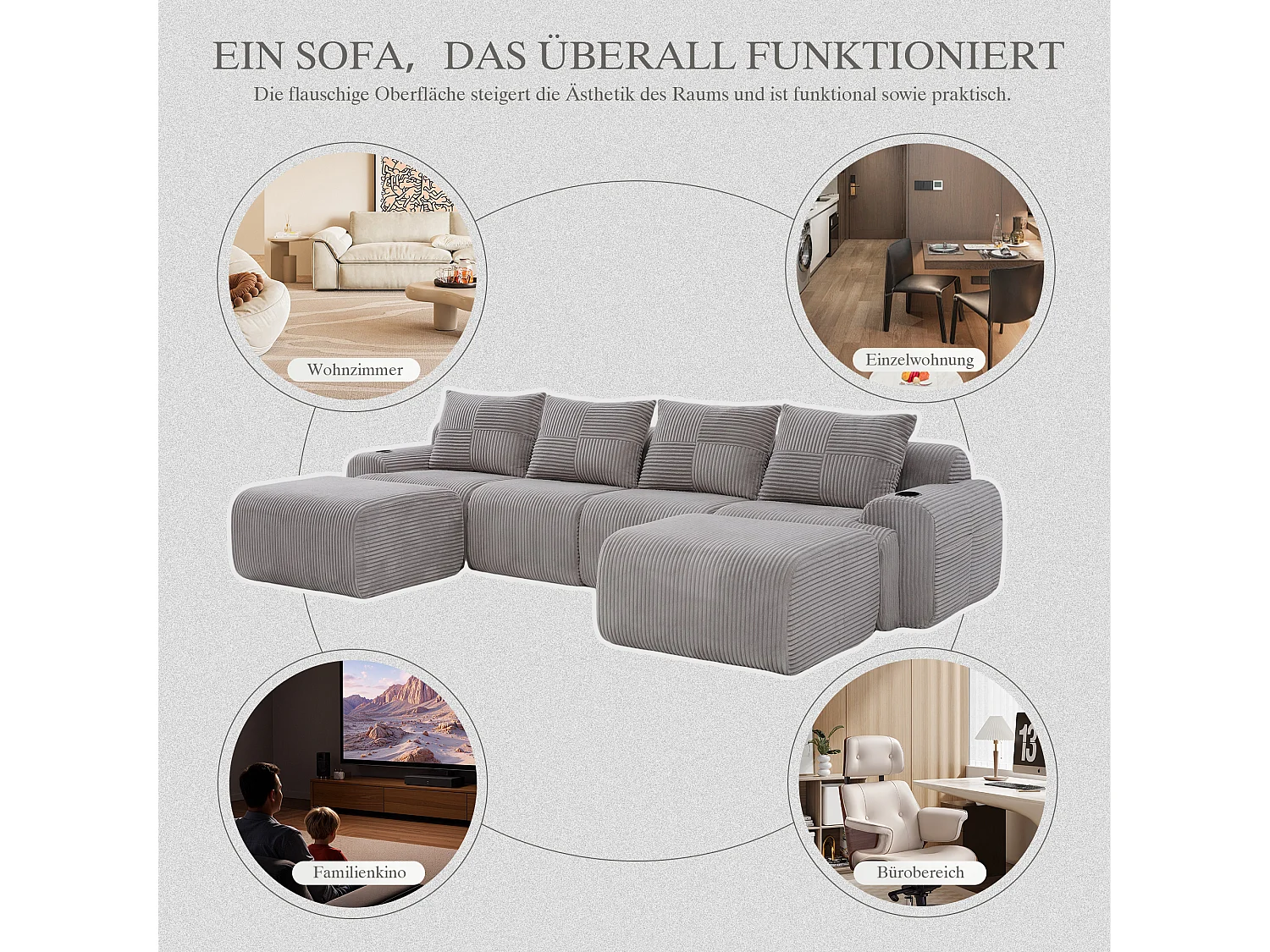 Canapé modulable 4 places - 333 x 174 x 80 cm - avec 2 poufs + porte-gobelets + poche de rangement - velours - gris clair