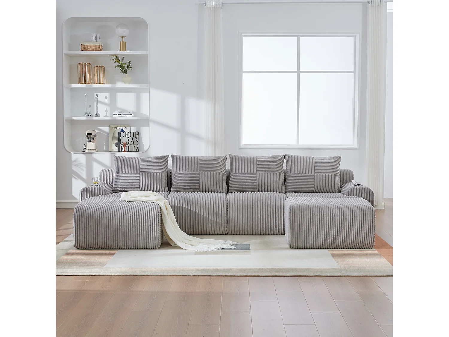 Canapé modulable 4 places - 333 x 174 x 80 cm - avec 2 poufs + porte-gobelets + poche de rangement - velours - gris clair