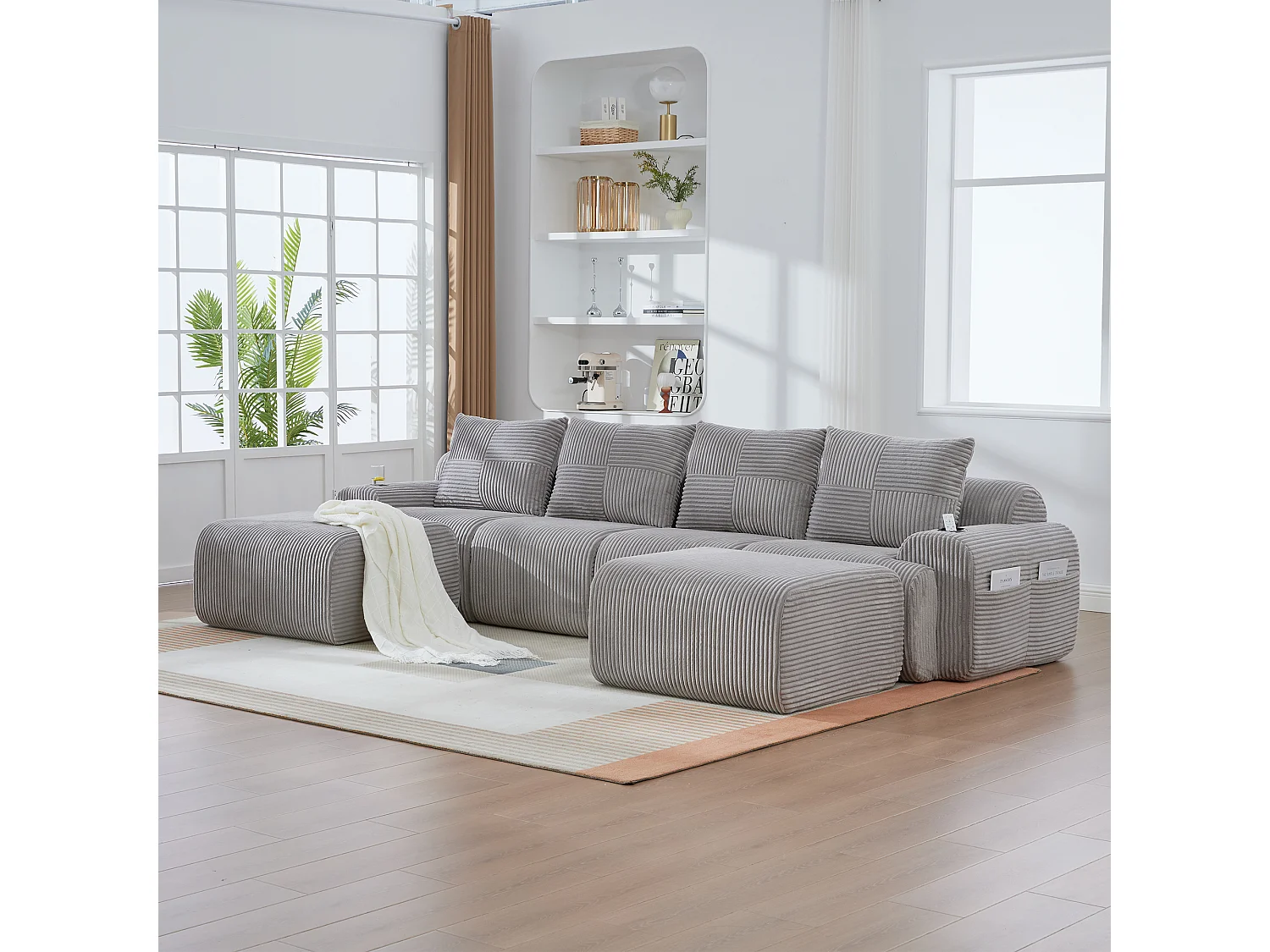 Canapé modulable 4 places - 333 x 174 x 80 cm - avec 2 poufs + porte-gobelets + poche de rangement - velours - gris clair