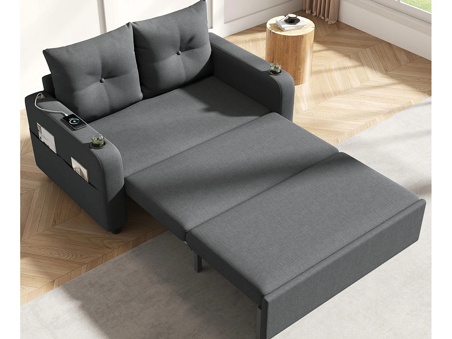 Canapé-lit 2 places 3 en 1 - Modèle dépliable - Porte-gobelet et poche latérale - Coussin de dossier - Port USB - coton et lin - Gris