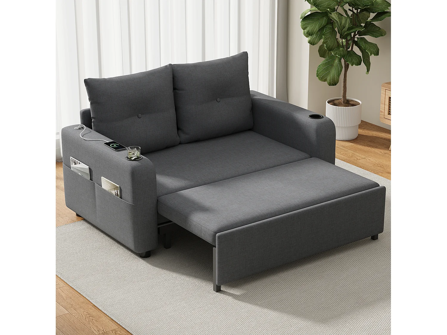 Canapé-lit 2 places 3 en 1 - Modèle dépliable - Porte-gobelet et poche latérale - Coussin de dossier - Port USB - coton et lin - Gris