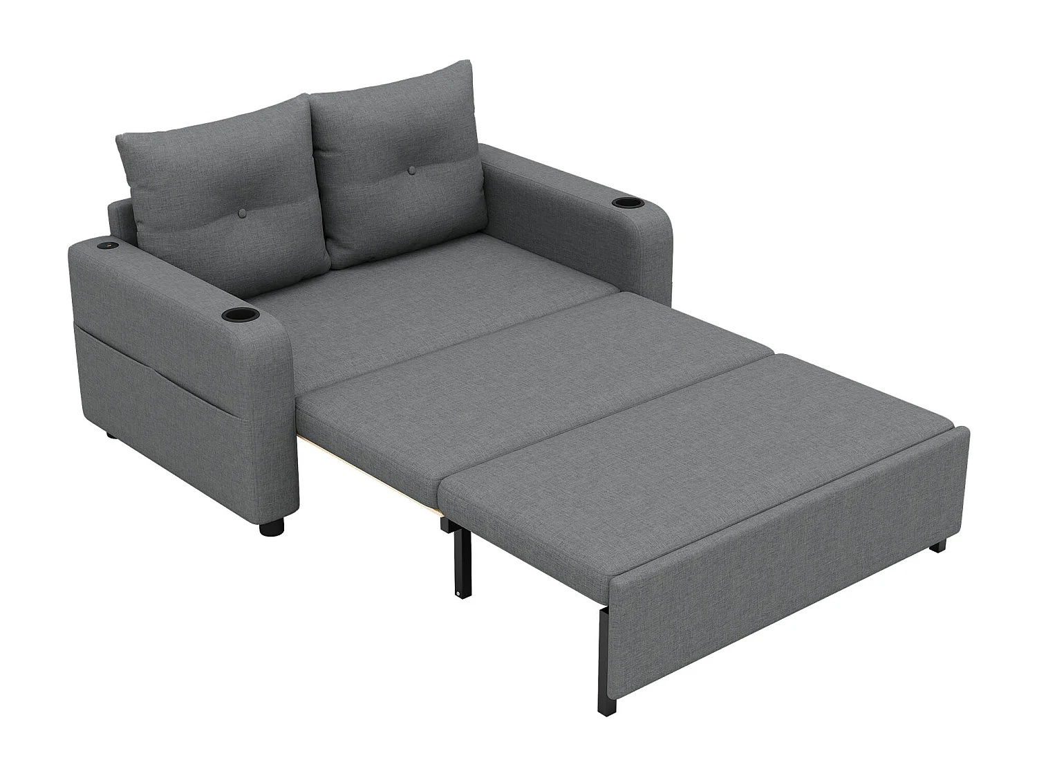 Canapé-lit 2 places 3 en 1 - Modèle dépliable - Porte-gobelet et poche latérale - Coussin de dossier - Port USB - coton et lin - Gris