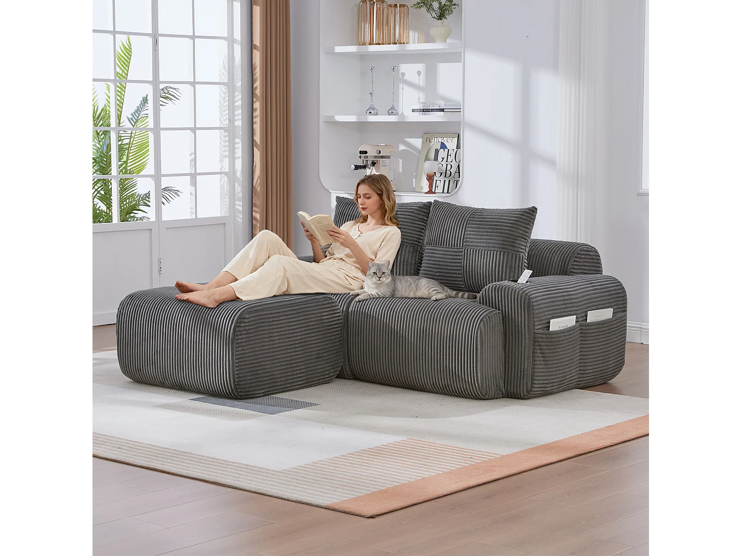 Canapé modulable 2 places - 200 x 174 x 80 cm - avec 1 poufs + porte-gobelets + poche de rangement - velours - gris foncé