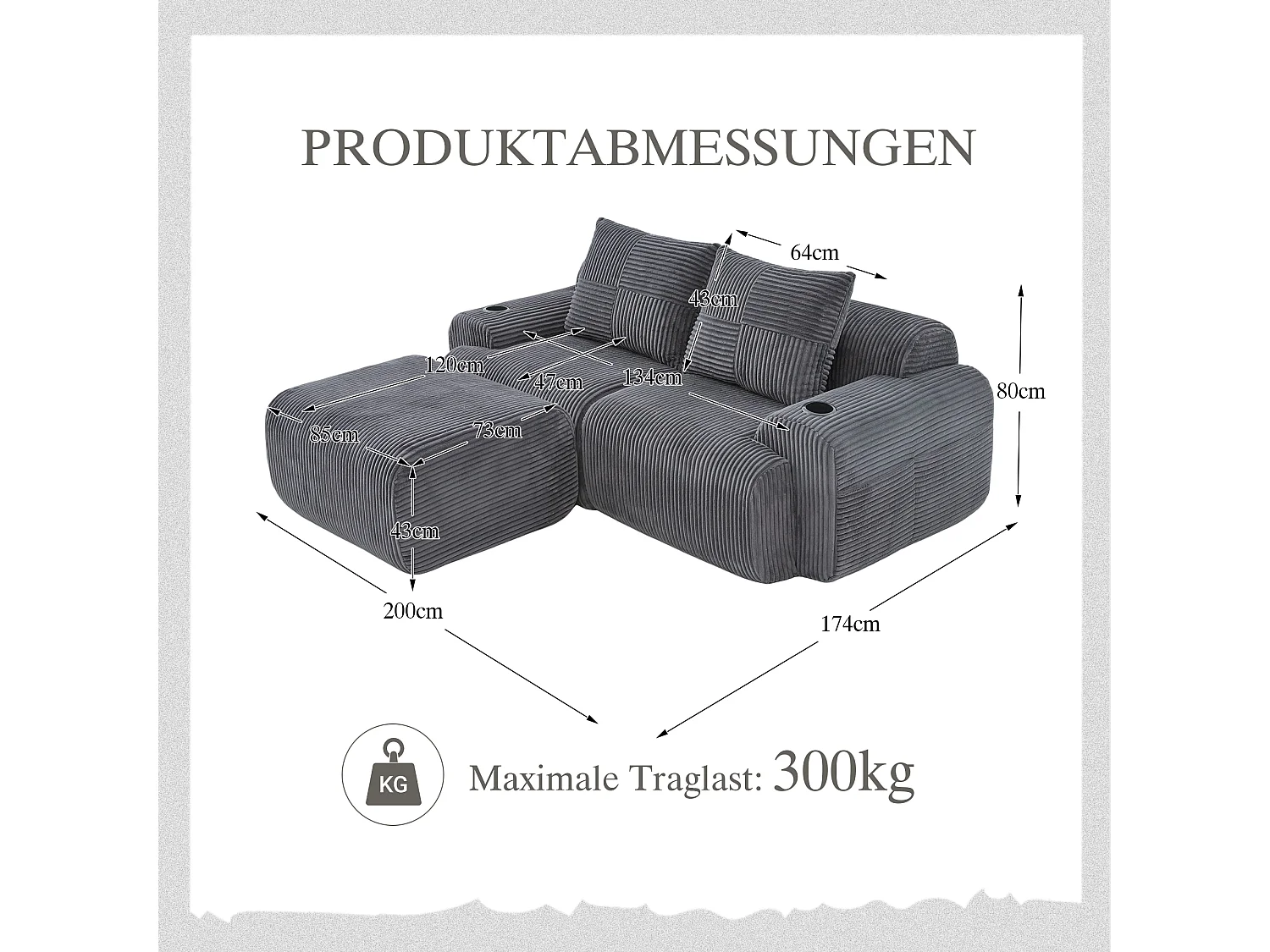 Canapé modulable 2 places - 200 x 174 x 80 cm - avec 1 poufs + porte-gobelets + poche de rangement - velours - gris foncé