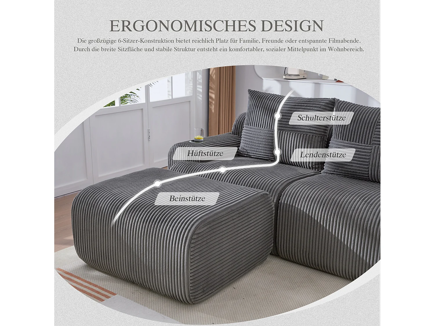 Canapé modulable 2 places - 200 x 174 x 80 cm - avec 1 poufs + porte-gobelets + poche de rangement - velours - gris foncé