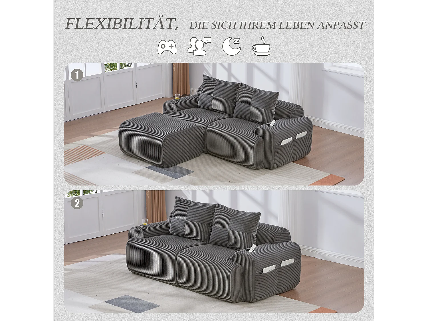 Canapé modulable 2 places - 200 x 174 x 80 cm - avec 1 poufs + porte-gobelets + poche de rangement - velours - gris foncé