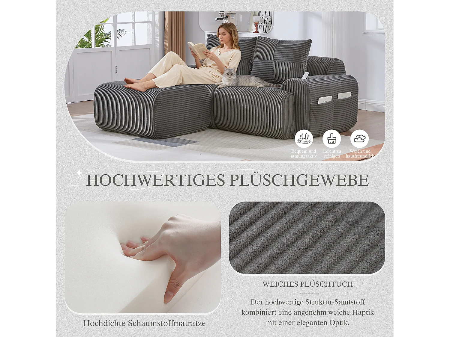 Canapé modulable 2 places - 200 x 174 x 80 cm - avec 1 poufs + porte-gobelets + poche de rangement - velours - gris foncé