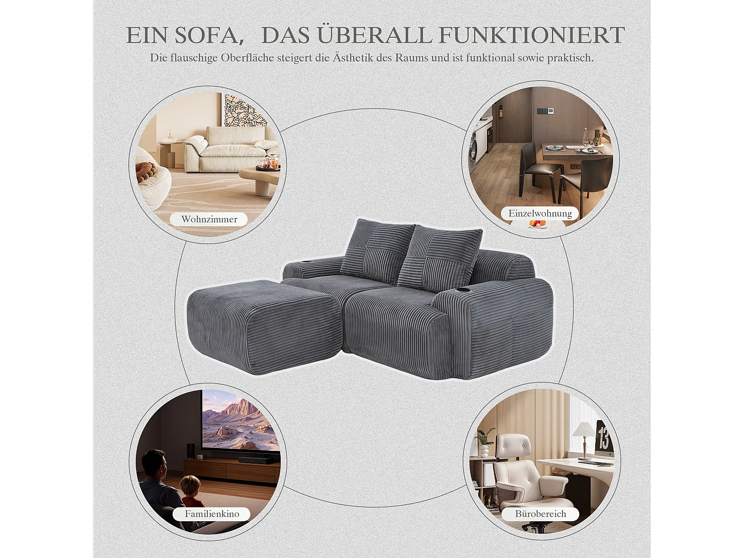 Canapé modulable 2 places - 200 x 174 x 80 cm - avec 1 poufs + porte-gobelets + poche de rangement - velours - gris foncé