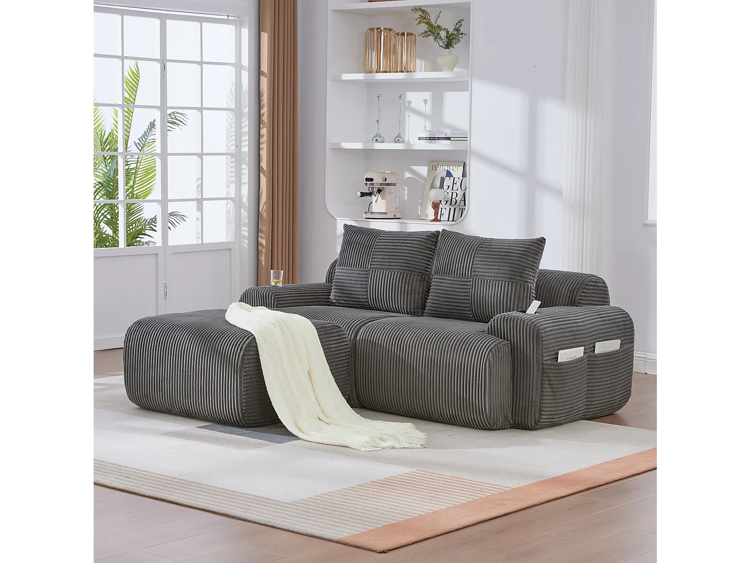 Canapé modulable 2 places - 200 x 174 x 80 cm - avec 1 poufs + porte-gobelets + poche de rangement - velours - gris foncé