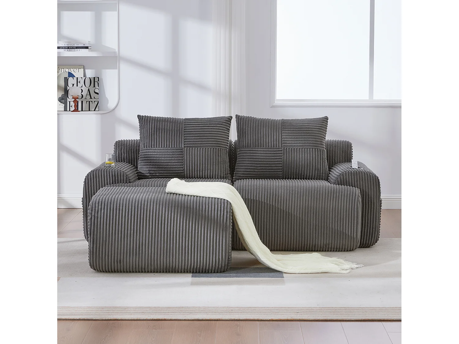 Canapé modulable 2 places - 200 x 174 x 80 cm - avec 1 poufs + porte-gobelets + poche de rangement - velours - gris foncé