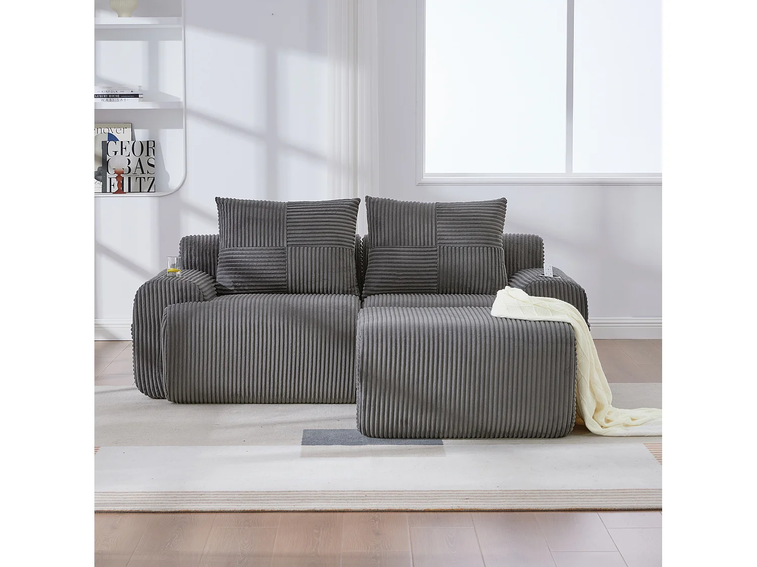 Canapé modulable 2 places - 200 x 174 x 80 cm - avec 1 poufs + porte-gobelets + poche de rangement - velours - gris foncé
