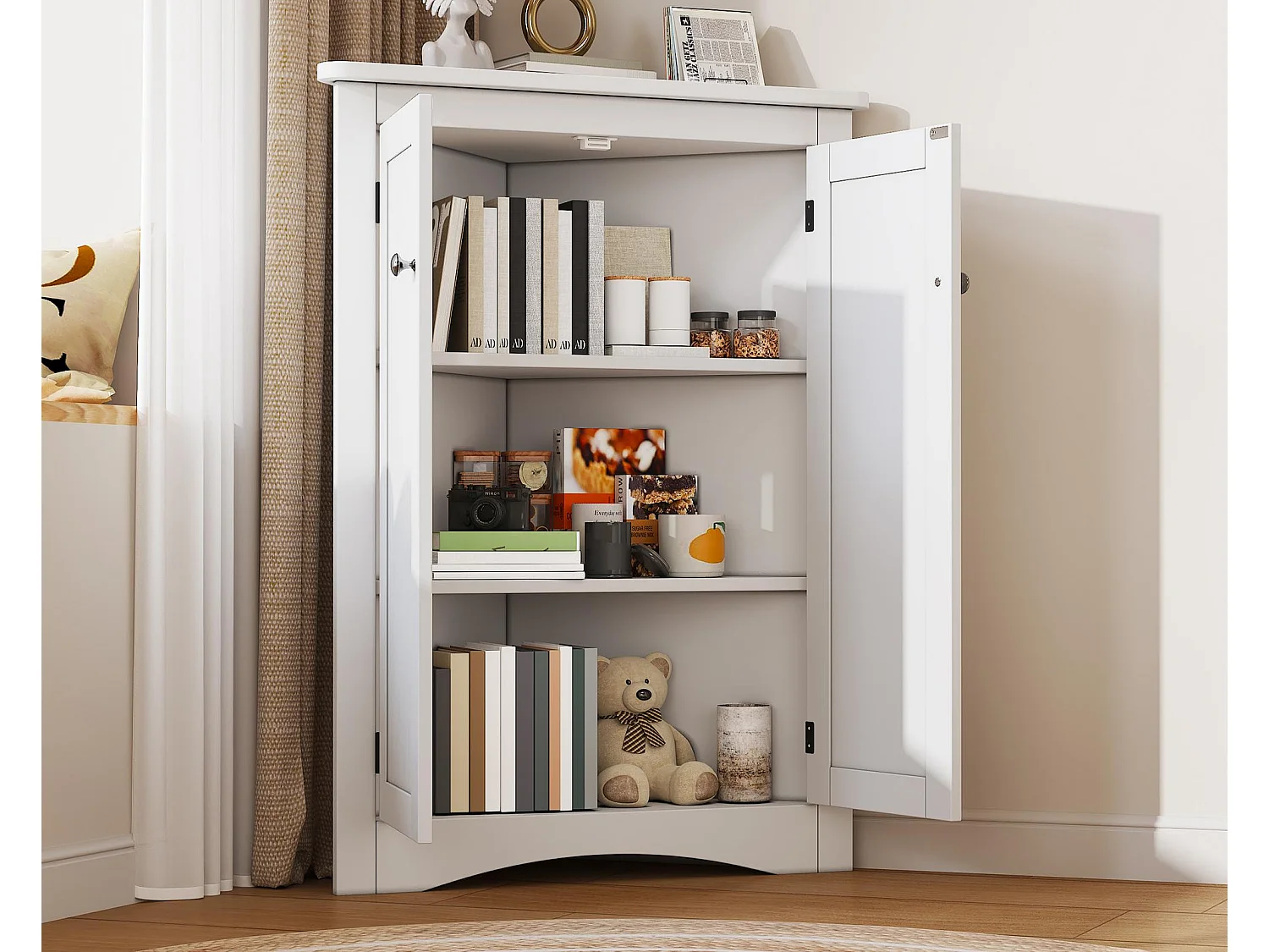 Badkamer hoekkolom - met 2 deuren - met 3 planken - verstelbare planken - Wit