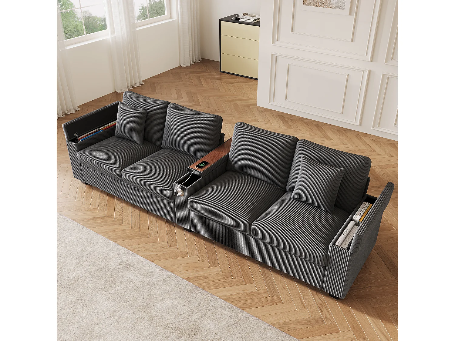 Canapé moderne 4 places - avec accoudoir central pliable - avec ports de chargement USB/USB-C - Velours côtelé - gris