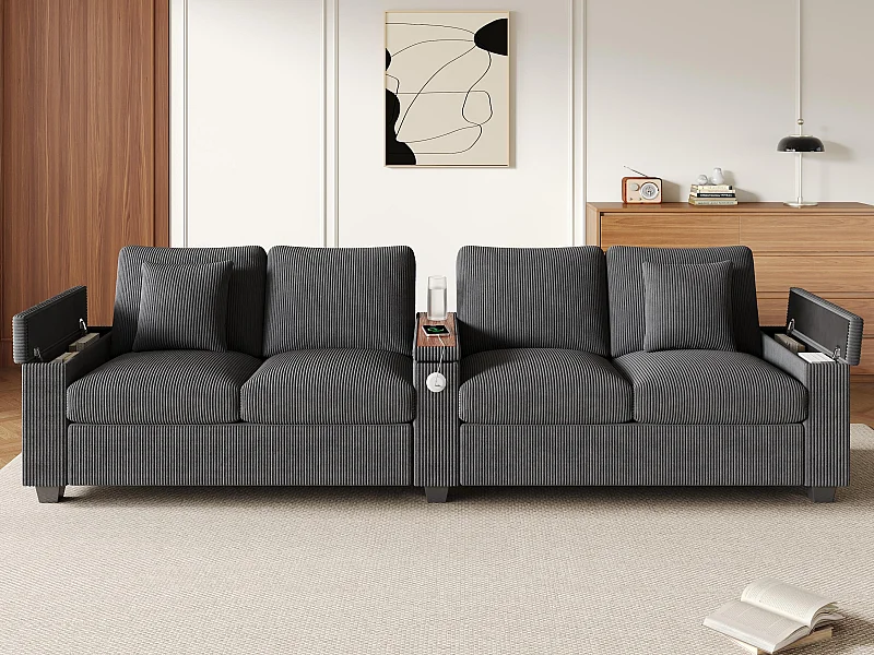 Canapé moderne 4 places - avec accoudoir central pliable - avec ports de chargement USB/USB-C - Velours côtelé - gris