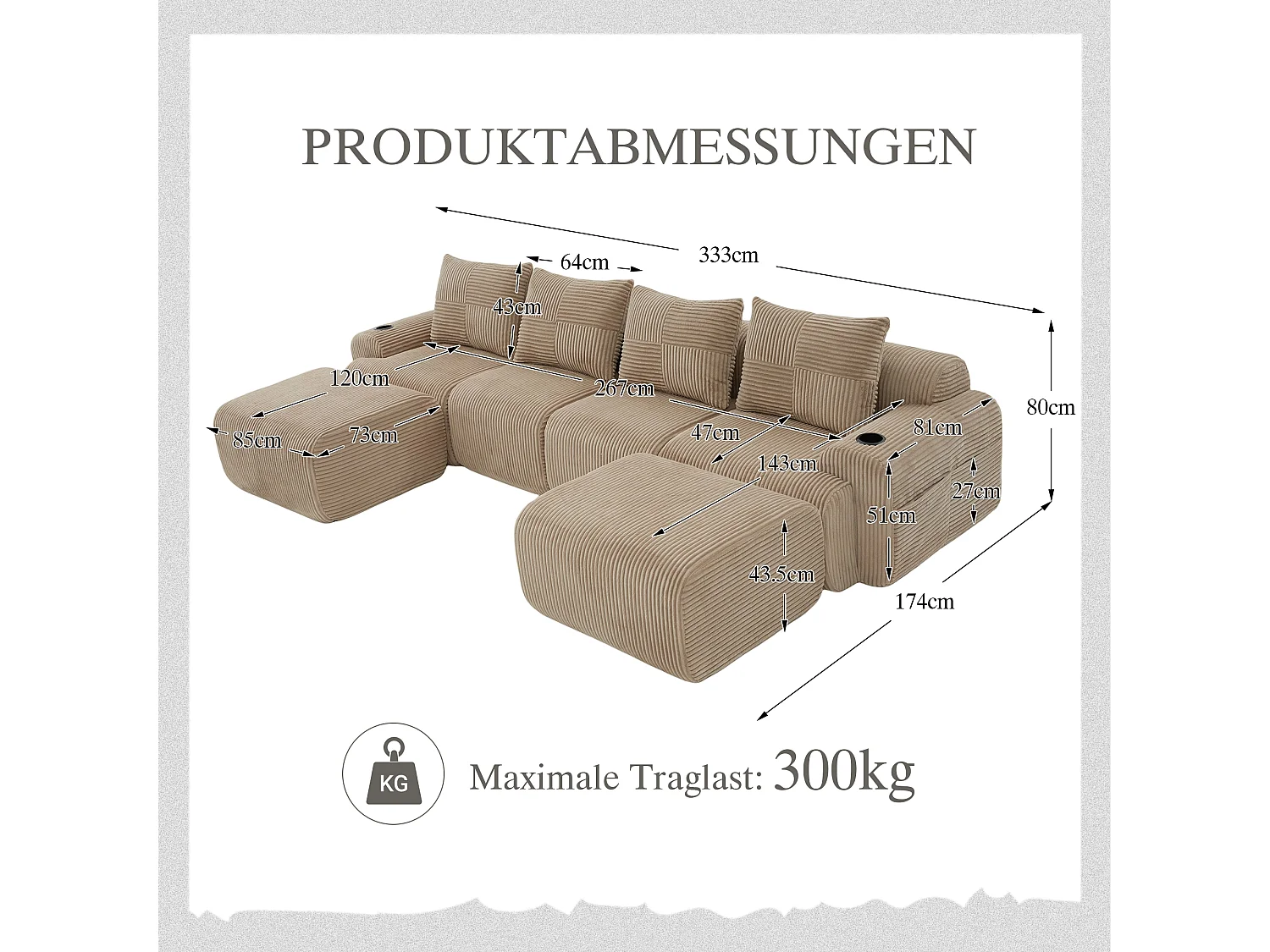 Canapé modulable 4 places - 333 x 174 x 80 cm - avec 2 poufs + porte-gobelets + poche de rangement - velours - kaki