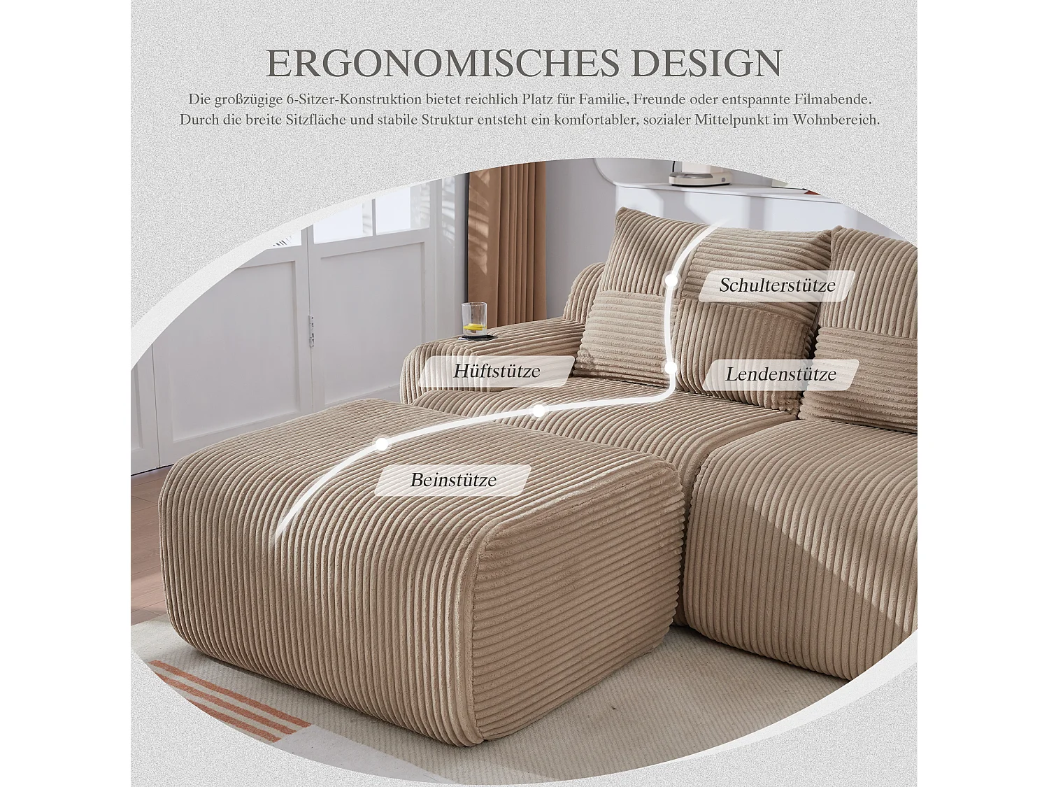 Canapé modulable 4 places - 333 x 174 x 80 cm - avec 2 poufs + porte-gobelets + poche de rangement - velours - kaki