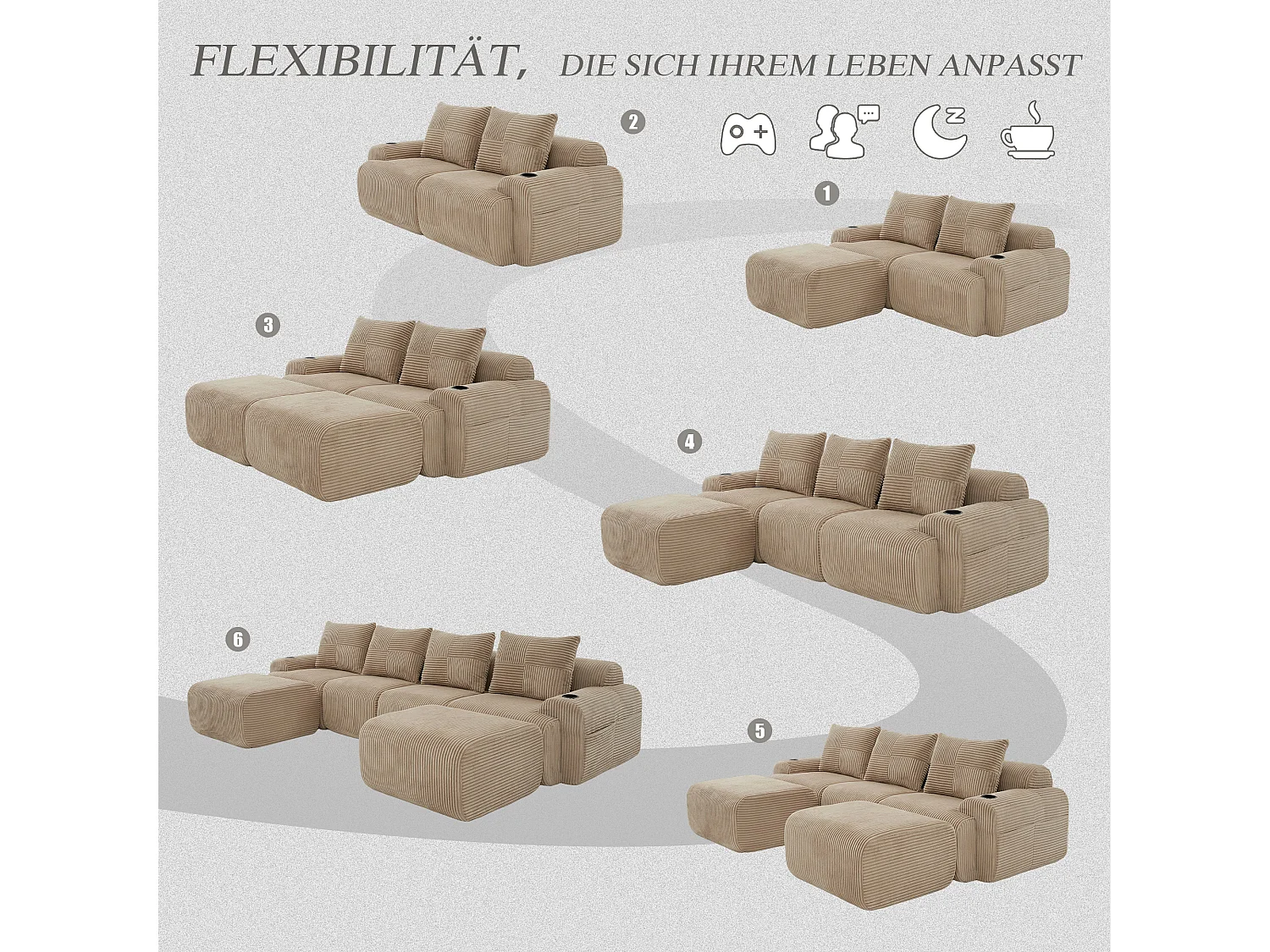 Canapé modulable 4 places - 333 x 174 x 80 cm - avec 2 poufs + porte-gobelets + poche de rangement - velours - kaki