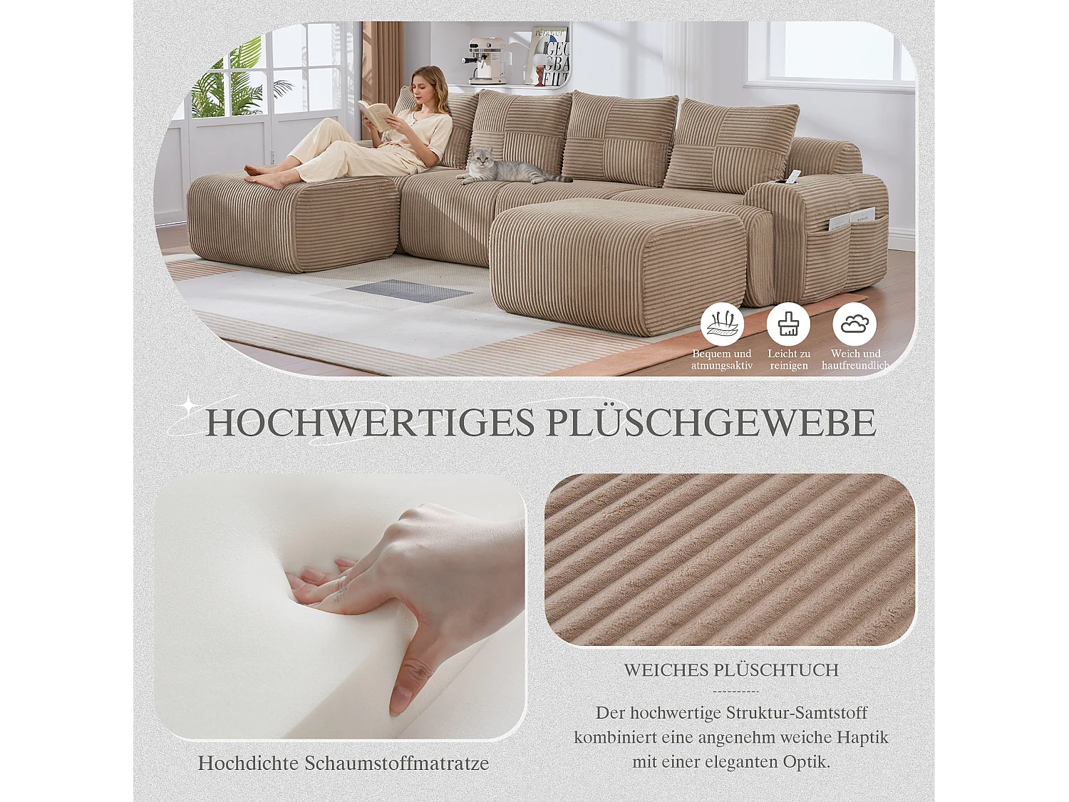 Canapé modulable 4 places - 333 x 174 x 80 cm - avec 2 poufs + porte-gobelets + poche de rangement - velours - kaki