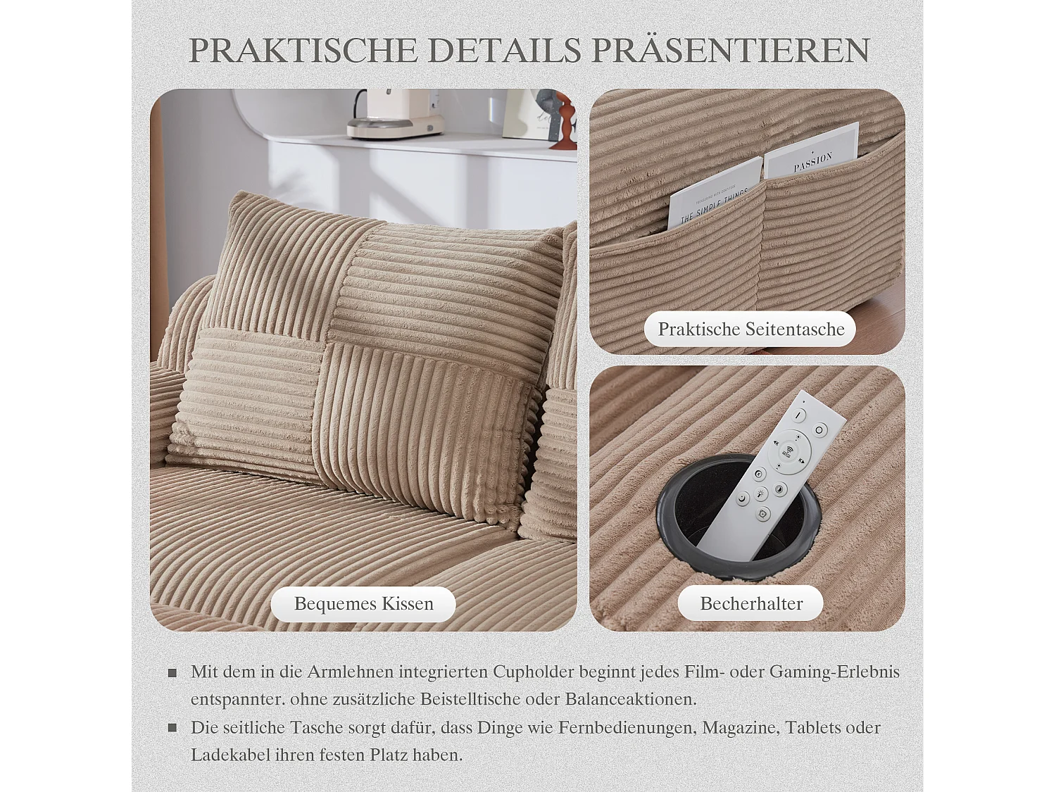 Canapé modulable 4 places - 333 x 174 x 80 cm - avec 2 poufs + porte-gobelets + poche de rangement - velours - kaki