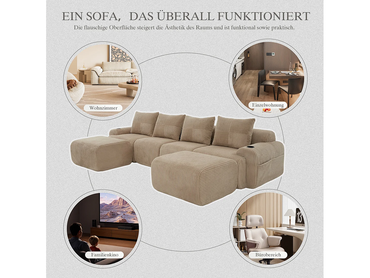 Canapé modulable 4 places - 333 x 174 x 80 cm - avec 2 poufs + porte-gobelets + poche de rangement - velours - kaki