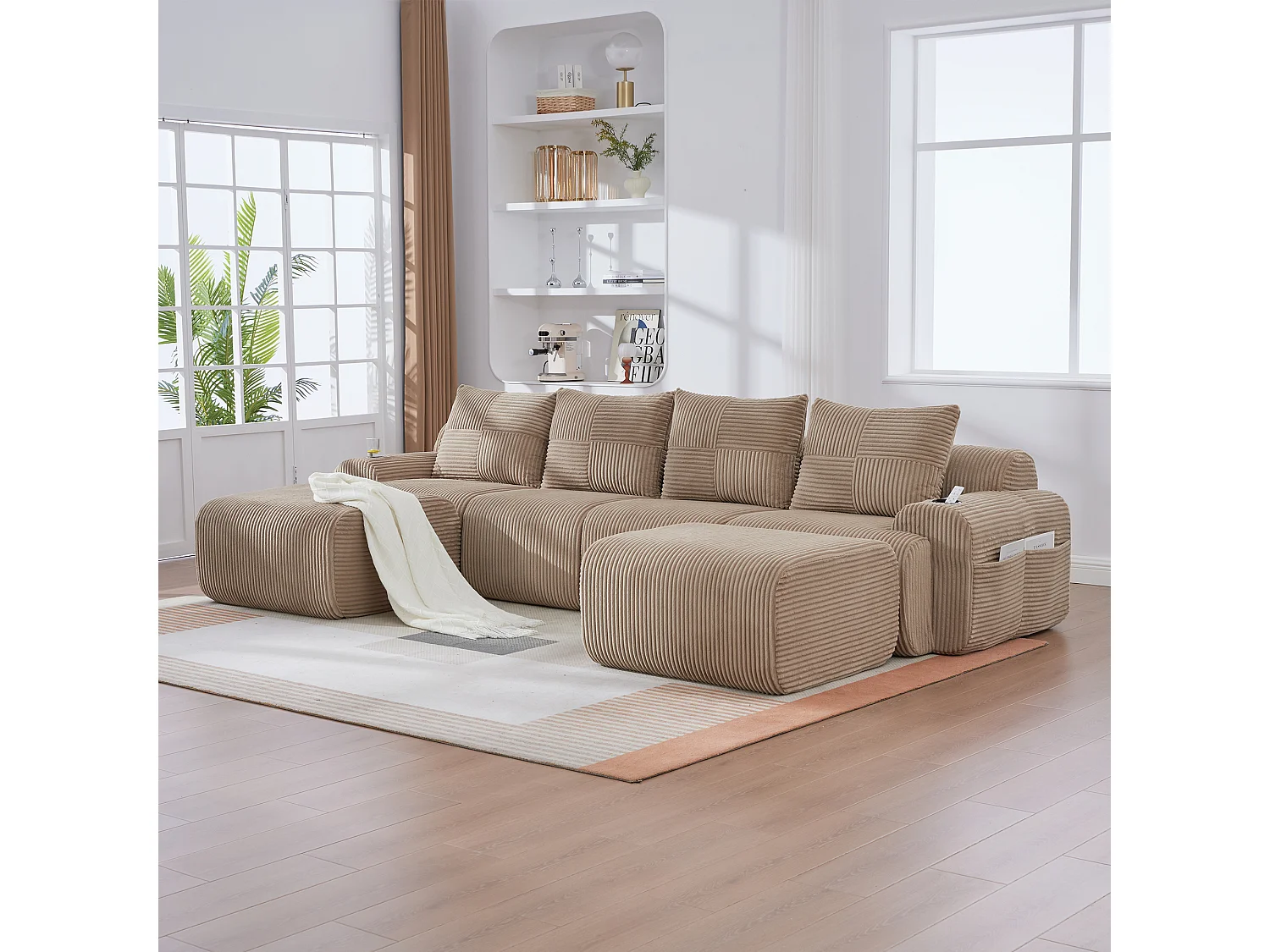 Canapé modulable 4 places - 333 x 174 x 80 cm - avec 2 poufs + porte-gobelets + poche de rangement - velours - kaki