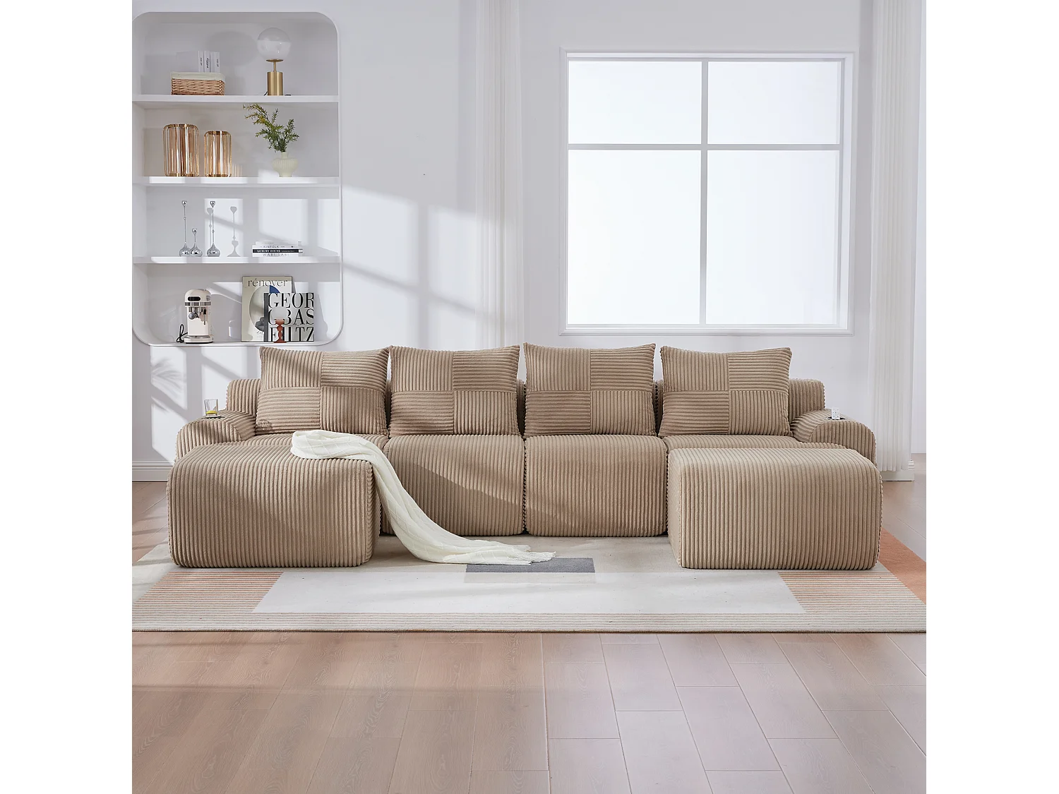 Canapé modulable 4 places - 333 x 174 x 80 cm - avec 2 poufs + porte-gobelets + poche de rangement - velours - kaki