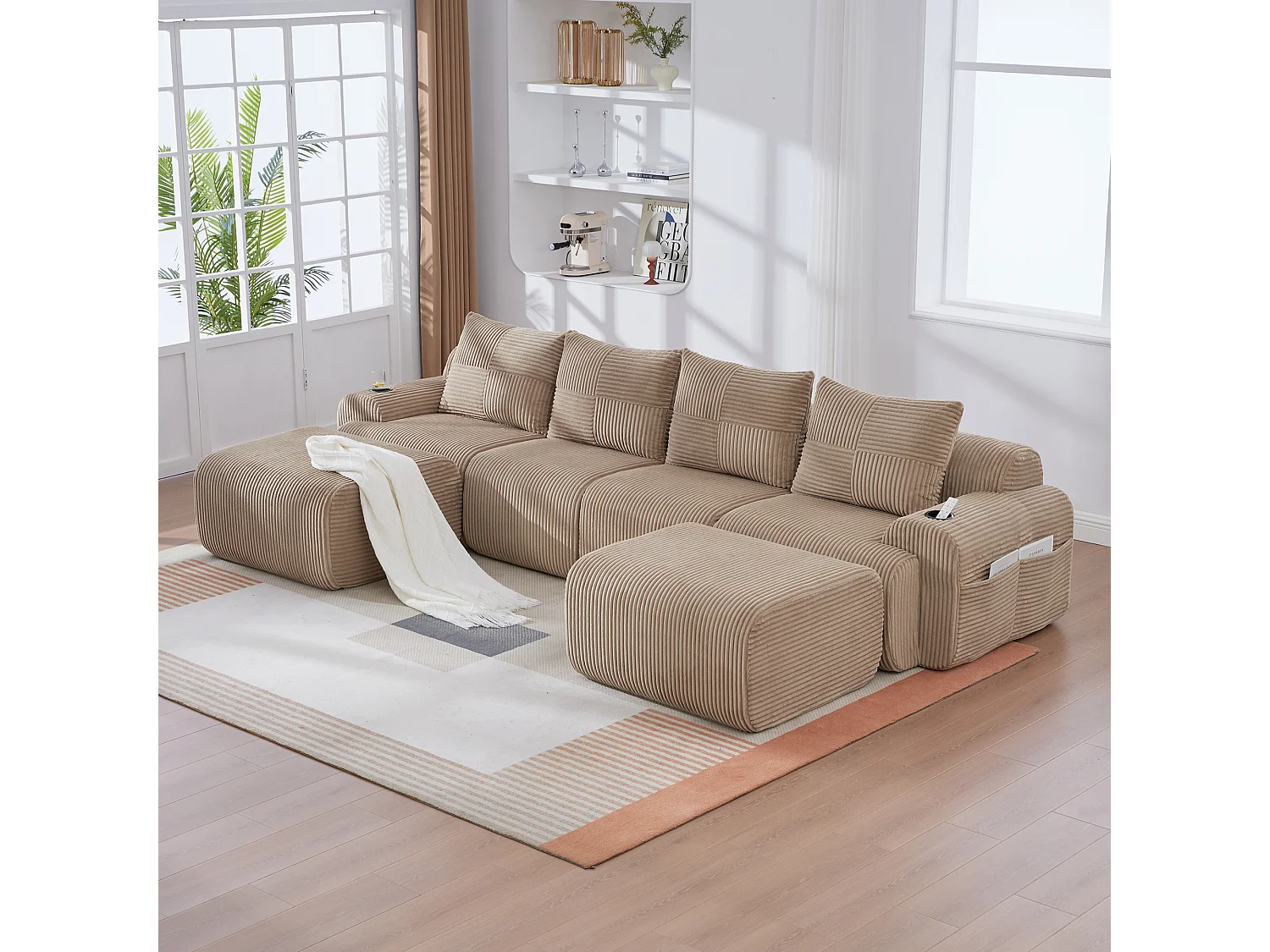 Canapé modulable 4 places - 333 x 174 x 80 cm - avec 2 poufs + porte-gobelets + poche de rangement - velours - kaki