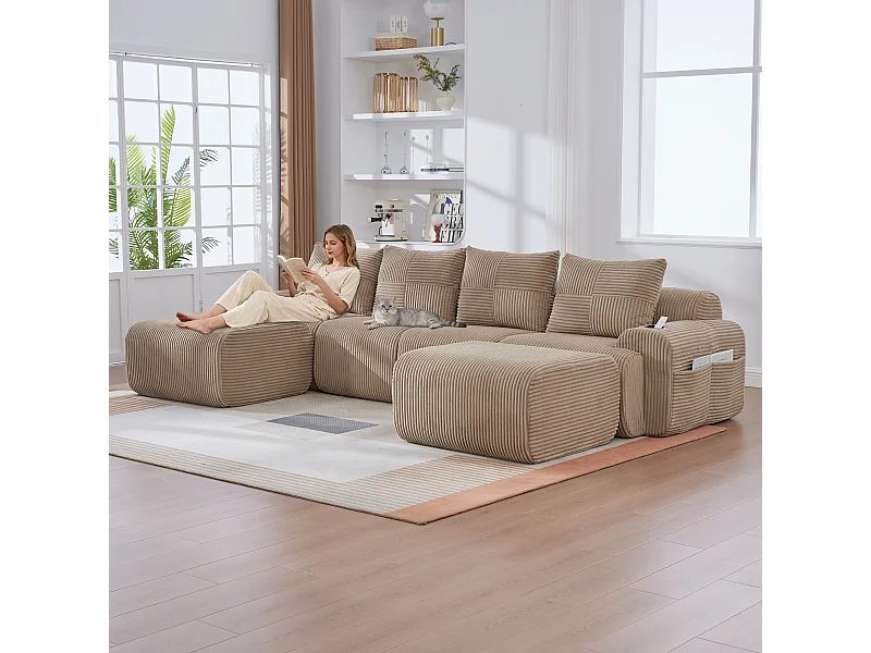 Canapé modulable 4 places - 333 x 174 x 80 cm - avec 2 poufs + porte-gobelets + poche de rangement - velours - kaki