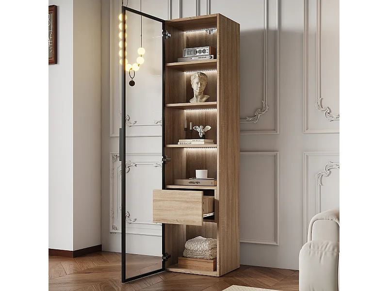 Vitrine avec bande LED, porte en verre et tiroir - Naturel clair