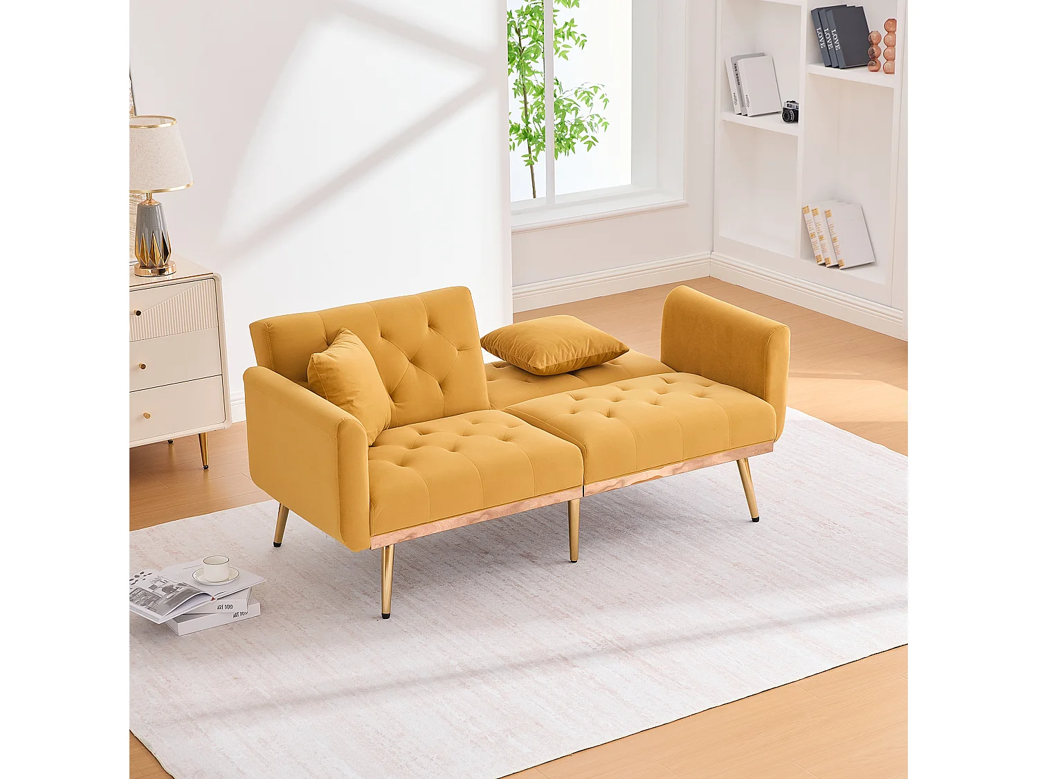 Canapé 2 places convertible avec 2 coussins - Dossier réglable en 3 positions - Jaune moutarde