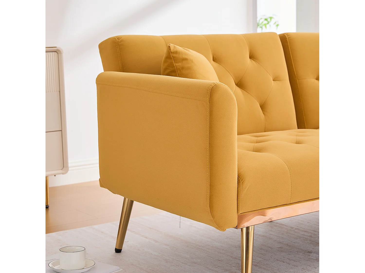 Canapé 2 places convertible avec 2 coussins - Dossier réglable en 3 positions - Jaune moutarde