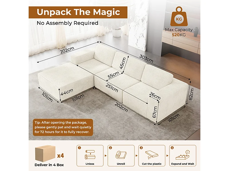 Canapé 3 Places modulable avec pouf - en Velours Côtelé - angle réversible - Beige - 303x202x82cm