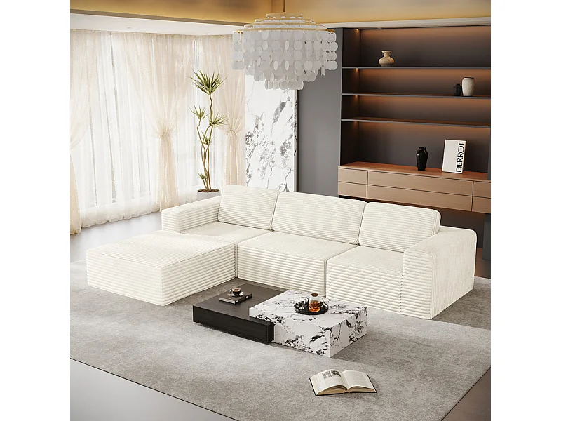 Canapé 3 Places modulable avec pouf - en Velours Côtelé - angle réversible - Beige - 303x202x82cm
