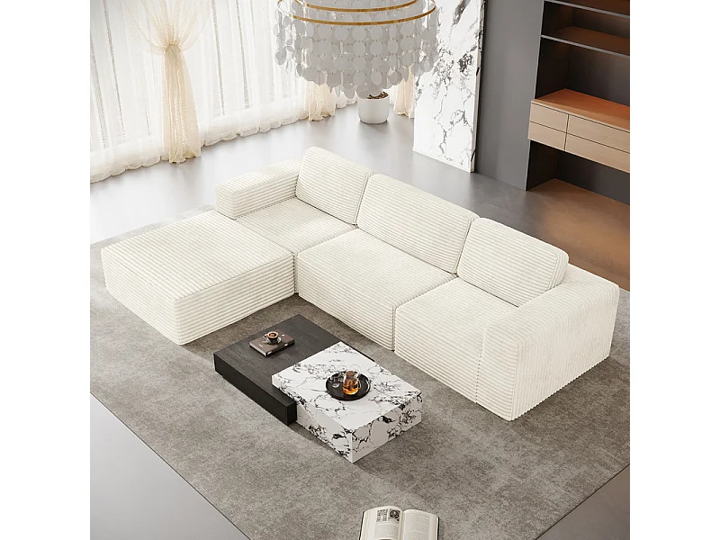 Canapé 3 Places modulable avec pouf - en Velours Côtelé - angle réversible - Beige - 303x202x82cm