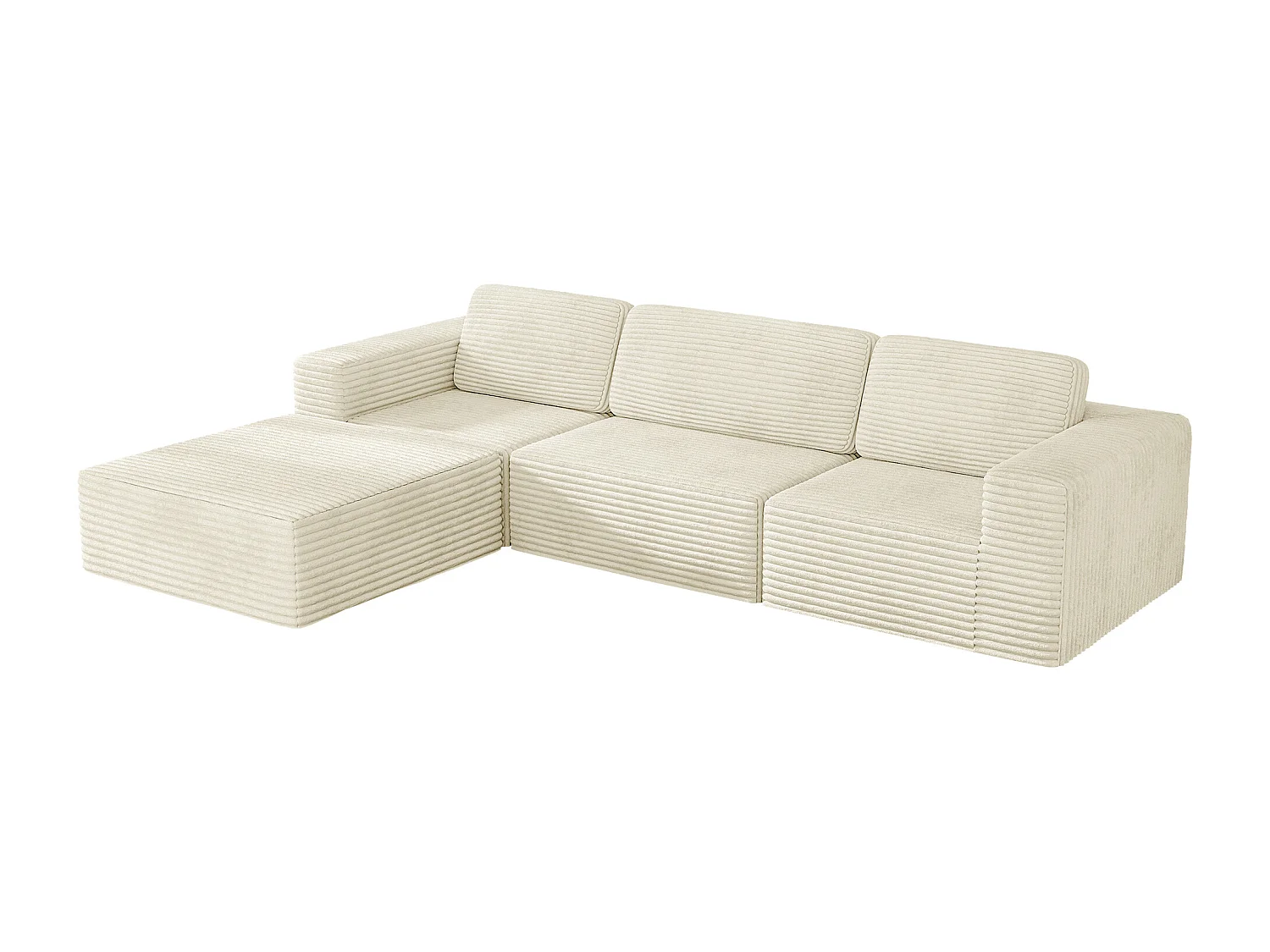 Canapé 3 Places modulable avec pouf - en Velours Côtelé - angle réversible - Beige - 303x202x82cm