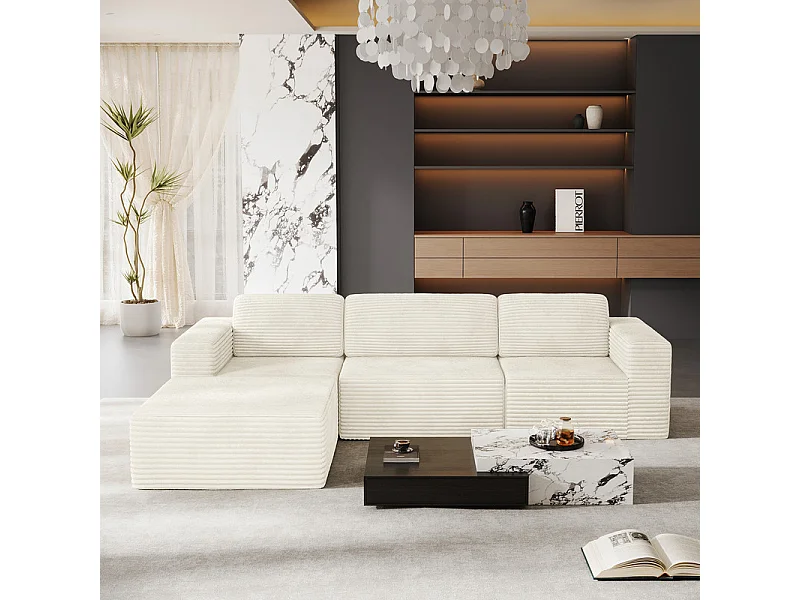 Canapé 3 Places modulable avec pouf - en Velours Côtelé - angle réversible - Beige - 303x202x82cm