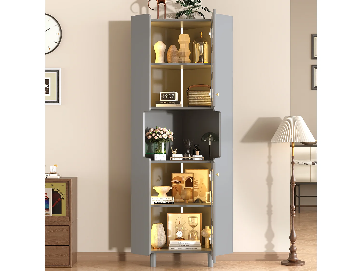 Badezimmer-Ecksäule - mit LED-Beleuchtung - mit 2 Türen - mit 4 Regalböden - mit offenen Regalen - grau