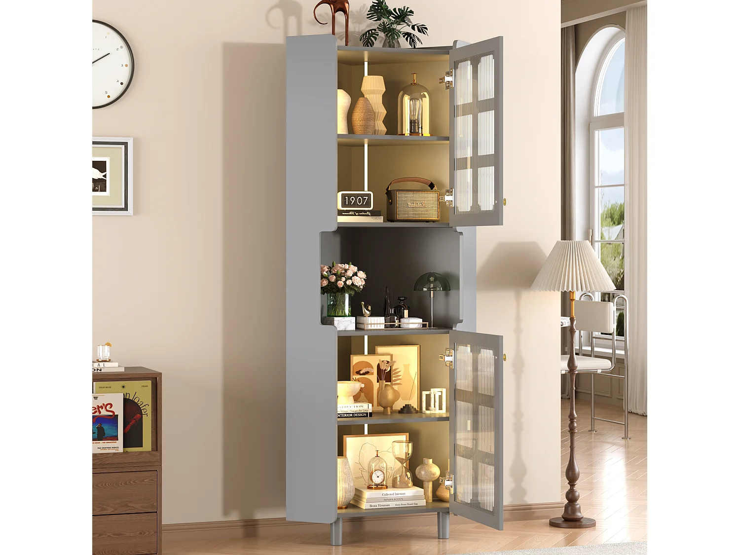 Badezimmer-Ecksäule - mit LED-Beleuchtung - mit 2 Türen - mit 4 Regalböden - mit offenen Regalen - grau