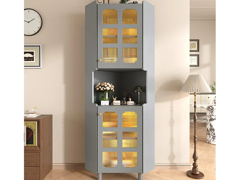 Colone d'angle de salle de bain - avec éclairage LED - avec 2 portes - avec 4 étagères - avec des étagères ouvertes - gris