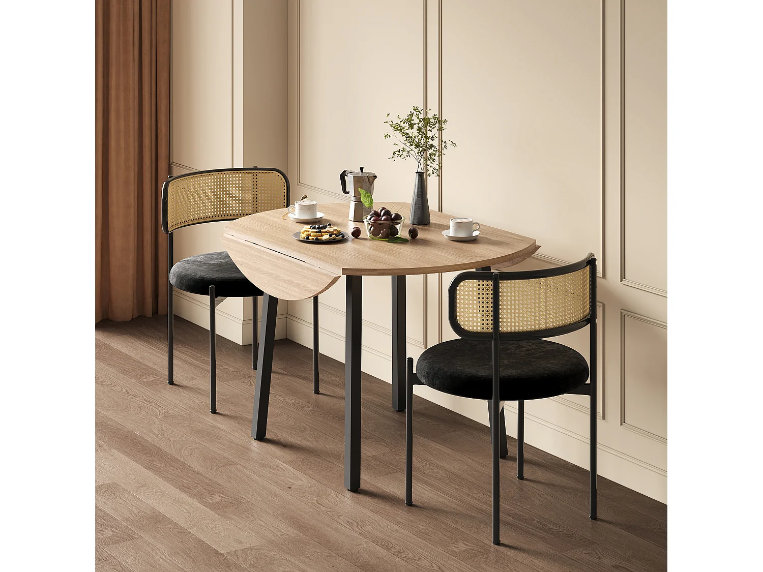 Table de salle à manger ronde pliable 100x100x75cm - Idéal pour 2 à 4 personnes - Pieds en métal - MDF - Naturel