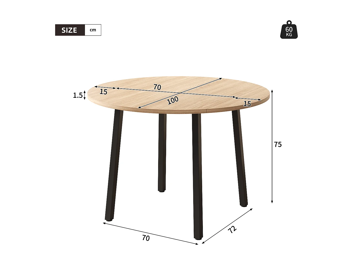 Table de salle à manger ronde pliable 100x100x75cm - Idéal pour 2 à 4 personnes - Pieds en métal - MDF - Naturel