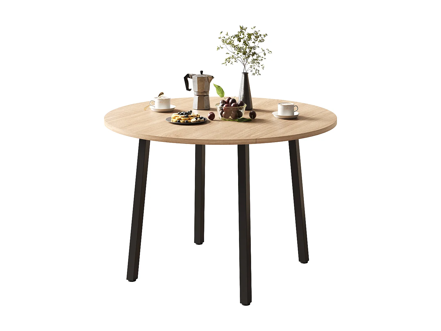 Table de salle à manger ronde pliable 100x100x75cm - Idéal pour 2 à 4 personnes - Pieds en métal - MDF - Naturel