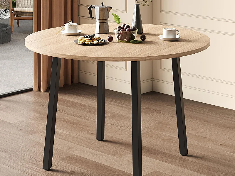 Table de salle à manger ronde pliable 100x100x75cm - Idéal pour 2 à 4 personnes - Pieds en métal - MDF - Naturel